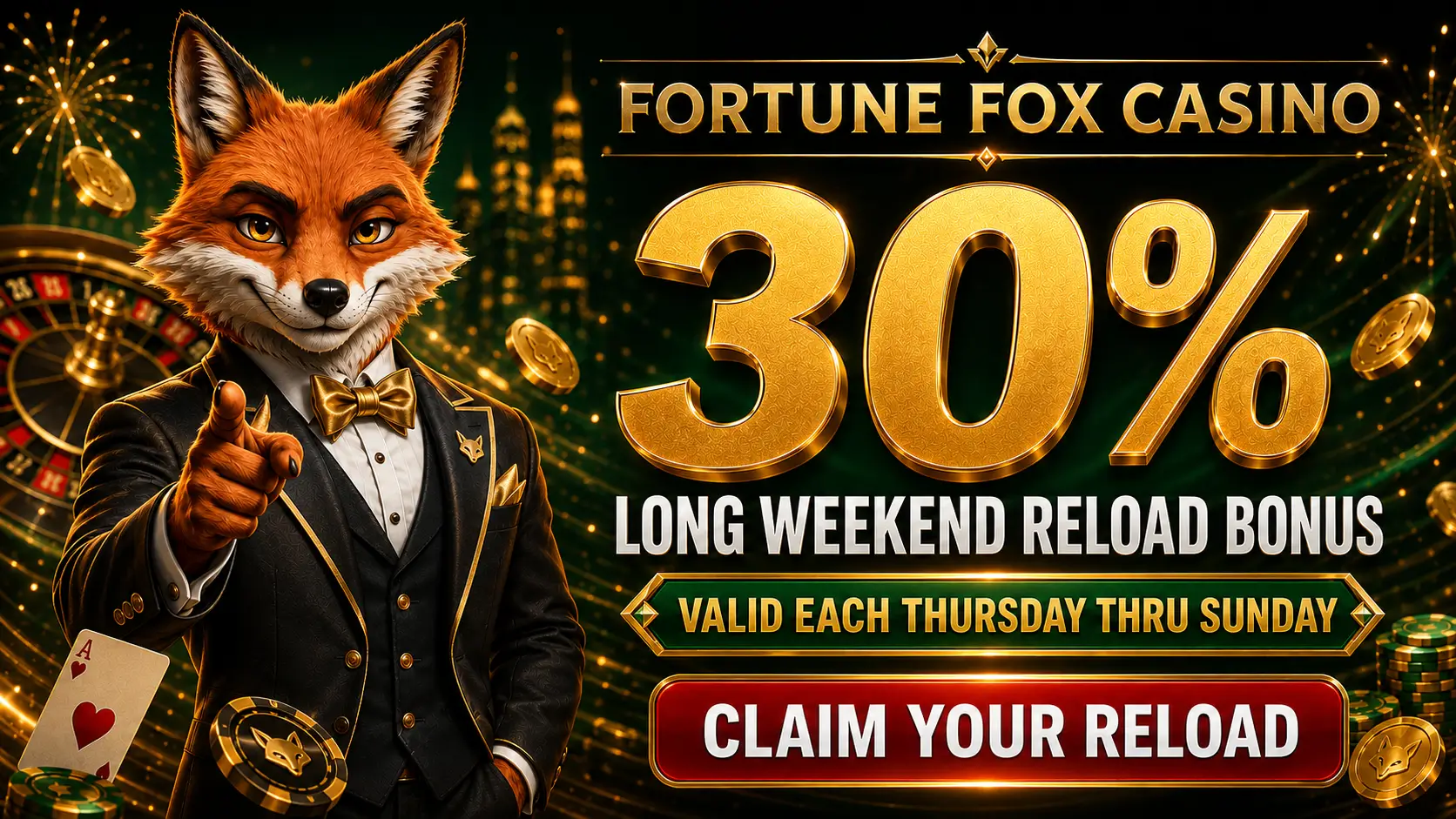 30% Long Weekend Reload Bonus, valid Thursday through Sunday